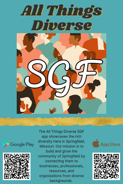 Blue-green background, black lettering with yellow shadow, graphic in the middle of the flyer of multicultural people, letters SGF in middle of the graphic in white letters, QR codes for GooglePlay and App Store in the corners of the flyer, Text describing the app in the lower center of flyer